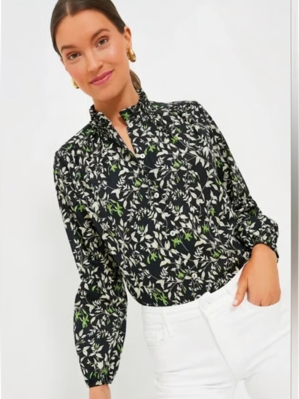 Tuckernuck Verdant Iris Avalon button-up lightwt blouse Black Green Print Sz M